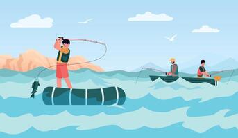 fangen Fisch Sport und Hobby. Menschen im aufblasbar Boote halten Stange mit Fisch. Männer haben Erholung auf Urlaub vektor