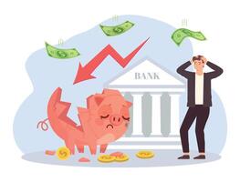 Welt finanziell Krise. Mann im Panik suchen beim gebrochen Schweinchen Bank. Wirtschaft Zusammenbruch und Konkurs Konzept vektor