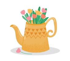 süß Teekanne mit Strauß von Blumen isoliert vektor