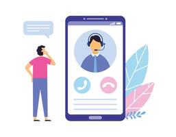 teknisk Stöd. man kontaktar kund service. assistent tillhandahålla hjälp till klient uppkopplad. smartphone skärm vektor
