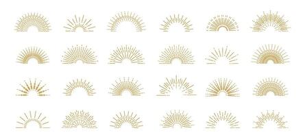 linjär stigande Sol. översikt boho solnedgång logotyp dekorativ element, abstrakt minimalistisk Sol symbol. vektor isolerat uppsättning
