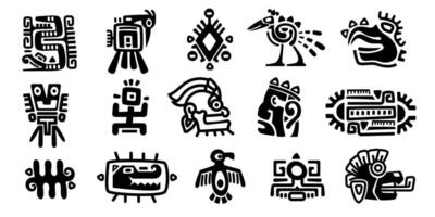 mayan symboler. gammal civilisation religiös totem tecken, svartvit ikoner av mexikansk indisk aztec inka inhemsk. vektor isolerat uppsättning