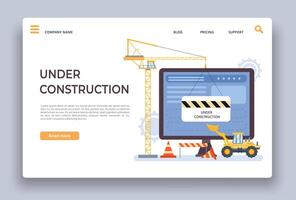 hemsida under konstruktion. landning sida av utvecklande webbplats med kran, bulldozer och barriär. webbsida byggnad arbete bearbeta vektor mall