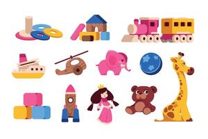 Karikatur Kind Spielzeuge. Baby und Kleinkind bunt anders Plastik Spielzeuge, verschiedene Transport Tiere und Rätsel. Vektor Säugling isoliert Spielzeug Sammlung