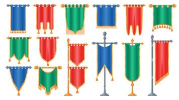 fantasi flaggor. tecknad serie hängande årgång medeltida dekoration, gammal riddare flaggstång med rike heraldisk emblem för video spel tillgångar. vektor uppsättning