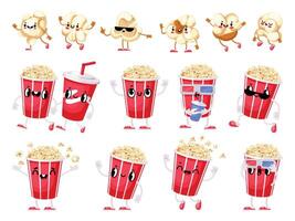 Popcorn Maskottchen. Karikatur Süss und salzig knallen Mais Film Spaß Snack Charakter mit süß glücklich Gesicht, Hände und Beine. Vektor Essen zum Fernseher Serie und Kino Aufpassen