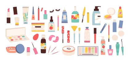 smink verktyg. skönhet kosmetisk Produkter i flaskor, läppstift, mascara borsta, öga skuggor, putsa och krämer. göra upp och hud vård vektor uppsättning