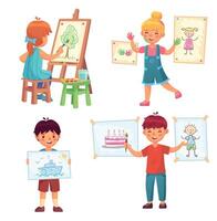 teckning barn, unge illustratör. kyla Pojkar och flickor målning och innehav bilder. karaktär Sammanträde på stol vektor