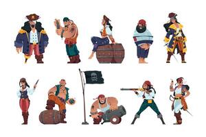 Pirat Männer und Frauen. Karikatur Fantasie Seeleute und Meer Krieger mit Schwerter Schatz Truhe Fernglas tragen Hüte und Pirat Kostüme. Vektor Marine Korsaren Sammlung