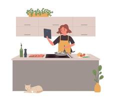 Kochen Blogger. Karikatur Person bereiten Essen und streamen, modisch kulinarisch vlogger Herstellung Inhalt und Lehren vektor