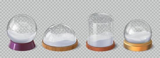 realistisch Weihnachten Schnee Globen und Glas Kuppeln mit Schneeflocken. Winter Urlaub dekorativ Souvenir schneebedeckt Kristall Ball. Schneekugel Vektor einstellen