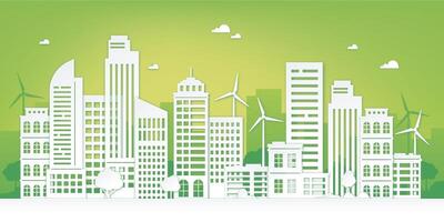 papper skära eco stad. grön urban landskap med skyskrapa, träd och vind turbiner. hållbar livsstil och rena energi vektor begrepp