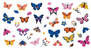 fjärilar och blommor. exotisk malar och tropisk växter, dekorativ vibrerande samling av vår färgrik flygande bevingad insekter och löv. vektor levande uppsättning