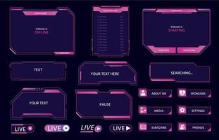 Leben Strom Schnittstelle Overlay Frames zum Spieler Übertragung. Cyber hud Bildschirm, Tafeln, Tasten und Symbole Design zum Spiel Streaming Vektor einstellen