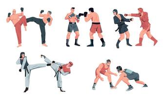 sparring. krigisk konst konkurrenskraftig tecken stridande, boxning och Träning, muskulös idrottare i bekämpa hållning bekämpa träna tecknad serie stil. vektor uppsättning