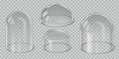 realistisk transparent glas kupol sfärisk, hemisfär och klocka form. skydd skydda och visa stå omslag. glansig monter vektor uppsättning