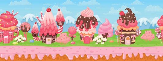 Süss Süßigkeiten Land nahtlos Panorama zum Spiel Hintergrund. Karikatur Magie Welt mit Kuchen Häuser, Rosa Sahne und Karamell Bäume Vektor Landschaft