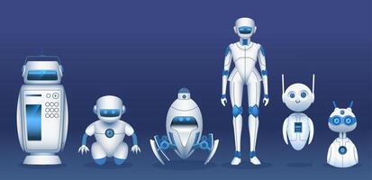 Roboter Figuren. Karikatur futuristisch Roboter, Androiden, Cyborgs und Bots. es Zukunft Technologie Maskottchen, Spaß Digital ai Assistenten Vektor einstellen