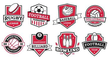 boll sporter logotyp. märken för amerikan fotboll, fotboll och basketboll liga. volleyboll och bowling turnering symbol på skydda vektor uppsättning