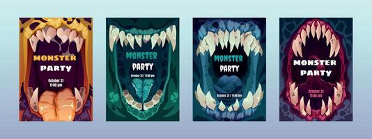 gruselig Mund Plakate. süß unheimlich Monster- Lippen Zähne, bunt Comic Außerirdischer Zeichen Emotion zum Halloween Party Einladung Bucht Flyer. Vektor einstellen