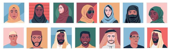 mitten östra människor avatarer. man och kvinna porträtt för användare profiler, tecknad serie arab manlig och kvinna tecken olika lopp begrepp. vektor uppsättning