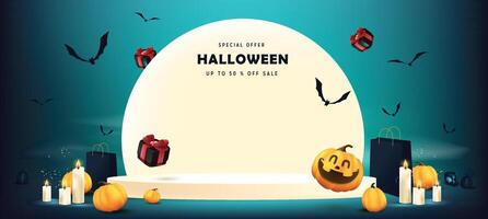 glücklich Halloween Verkauf Banner Mond Nacht Szene mit Produkt Anzeige und Kopieren Raum vektor