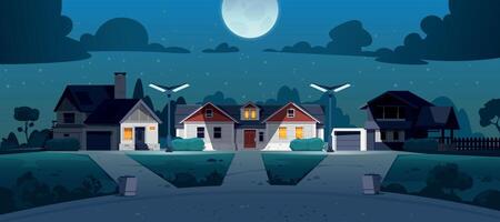 förorts natt gata. tecknad serie grannskap Land hus med gräsmatta buskar och träd på natt. vektor sent kväll stad landskap