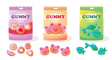 gelé gummi packa. tecknad serie färgrik ljuv klibbig björnar, olika sortiment av färgrik ljuv frukt mellanmål för ungar. vektor färgrik uppsättning