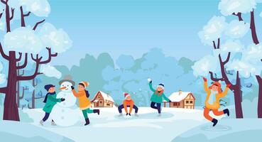 vinter- roligt för barn med snö och snögubbe vektor