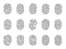 fingeravtryck ikoner. mänsklig tumavtryck och finger skriva ut ikoner för säkerhet och undersökning, biometrisk id skydd och Integritet. vektor platt samling