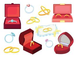 Karikatur Hochzeit oder Engagement Ringe im Geschenk Kisten und auf Kopfkissen. Vorschlag Schmuck Ring mit Diamant. Ringe zum Ehe Zeremonie Vektor einstellen