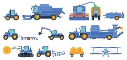 platt jordbruks maskineri, bruka kombinera, tröskor och traktor. beskära dammduk, hö skärande maskin och fält odling fordon vektor uppsättning