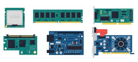 elektronisk pcb. elektrisk krets styrelse med minne chip, dirigent och halvledare komponenter. vektor mikrokontroller hårdvara uppsättning