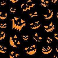 skrämmande ansikten mönster. sömlös skriva ut av halloween pumpa träsnideri ansikte med skrämmande arg ögon och leende mun med tänder. vektor textur