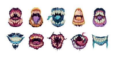 skrämmande mun. tecknad serie monster ansikte känslor, kreativ utomjording tecken rolig emotionell monstruös avatars öppen munnar. vektor isolerat uppsättning