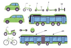 eben Öko Transport elektrisch Bus, Autos, Roller, Fahrräder und Tafel. städtisch Clever ökologisch Fahrzeuge. Umgebung freundlich Reiten Vektor einstellen