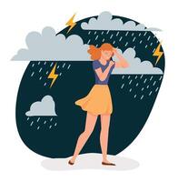 deprimiert Frau. traurig einsam Mädchen Gehen unter stürmisch Regen mit Wolken und Blitz. weiblich Charakter Gefühl Angst vektor