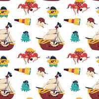 Pirat Tiere Muster. nahtlos drucken von nautisch unter Wasser Tiere im Pirat Kostüme, Kinder Illustration von Tintenfisch Fisch Affe Papagei. Vektor Textur