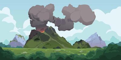 vulkanisk utbrott bakgrund. natur landskap med aktiva vulkan utbrott, lava strömma och rök, berg eldig topp med krater och magma. vektor illustration