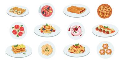 traditionell Italienisch Lebensmittel. Karikatur Restaurant Speisekarte mit Käse Pizza, Olive Öl und Tomaten. Vektor Grafik von Mittelmeer traditionell Mahlzeiten