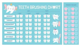 Zähne Bürsten Diagramm Kalender zum Kinder mit Karikatur Charakter. süß Zahn Fee, Bürste und Paste. Kinder Dental Pflege Vektor Infografik