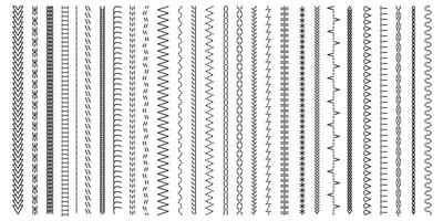 schwarz Stiche Sammlung. nahtlos drucken von dekorativ Kreuz Stich Muster, alt Mode Stickerei Spitze Bürste Faden Design. Vektor einstellen