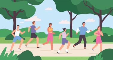 Karikatur Gruppe von Menschen Joggen im Stadt Park, Rennen Wettbewerb. draussen Lauf Übung. Männer und Frauen Sportler Laufen Marathon- Vektor Konzept