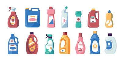 hushåll kemikalier. tecknad serie flytande tvål och rengöringsmedel flaskor, skum och flytande rengöring Produkter för Hem och badrum. vektor uppsättning