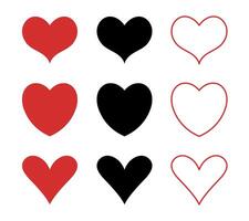 Herzen eben Symbole. Rot, schwarz und Gliederung Herz Symbol. Liebe Symbol. Vektor Illustration.