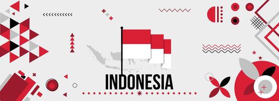 Indonesien National oder Unabhängigkeit Tag Banner zum Land Feier. Flagge und Karte von Indonesien mit angehoben Fäuste. modern retro Design mit Typorgaphie abstrakt geometrisch Symbole. Vektor Illustration