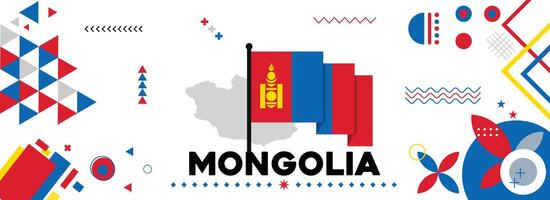 Mongolei National oder Unabhängigkeit Tag Banner zum Land Feier. Flagge und Karte von Mongolei modern retro Design mit Typorgaphie abstrakt geometrisch Symbole. Vektor Illustration.