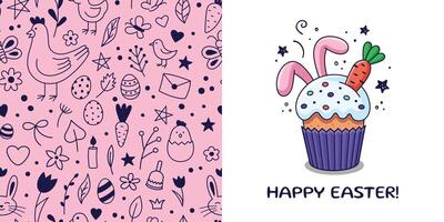 Ostern Postkarte mit Ostern Kuchen, Kaninchen Ohren, Karotte im Karikatur Stil. einstellen von Hand gezeichnet Ostern Illustrationen. Karikatur Bohemien Kindergarten drucken. Kinder Design Textur. Vektor Illustration. Gekritzel Stil.