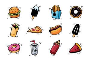 snabb mat ikoner uppsättning - hamburgare, franska pommes frites, papper kopp med dryck, is grädde, pizza, paj, varm hund, kebab, munk, flaska av ketchup. skiss av snacks. snabb mat doodles. snabb mat samling. vektor