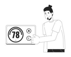 Thermostat reduzieren schwarz und Weiß Karikatur eben Illustration. Speichern Energie beim Zuhause 2d lineart Charakter isoliert. niedriger Elektrizität Verwendung. Heizung Steuerung Schalter einfarbig Szene Vektor Gliederung Bild